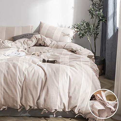 BISELINA 100% Washed Cotton Striped Duvet Cover Set 3pcs Bowknot Bow Ties Strap Design Reversible Yarn Dyed Soft Chic Country Bedding (Queen, Cream Tan)