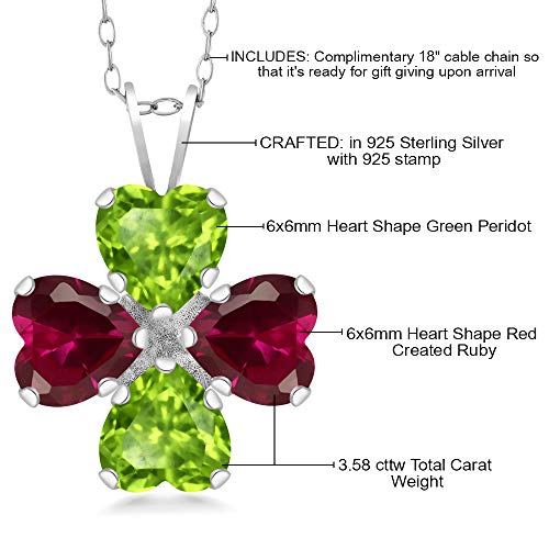 Gem Stone King 925 Sterling Silver Green Peridot and Red Created Ruby 4 Heart Shape Gemstone August Birthstone Pendant Necklace For Women (3.58 Cttw, 6MM Heart, with 18 Inch Silver Chain) - Image 5