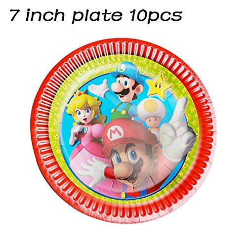 Disposable Party Tableware - Super Mario Theme birthday party disposable Tableware Set Plates Cups Napkins Cupcake Topper Balloons Baby Shower party supplies (7 inch plate 10pcs)