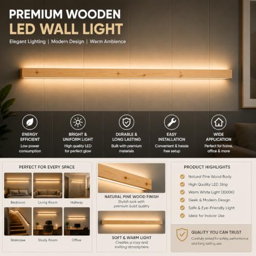 Image of EMON Premium Wooden LED Wall Light Bar 100cm | Modern Warm White Wooden Wall Lamp | Minimalist Decorative Light for Bedroom, Living Room, Staircase & Hotel Decor