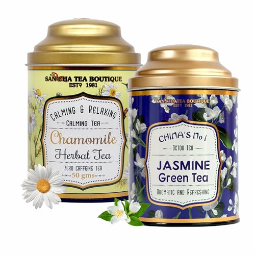 Image of Sancha Tea Boutique, Tea Combo Pack: Chamomile Caffeine Free Herbal (50g) & Imported Jasmine Green Leaves (100g), Detox & Calming Tisane