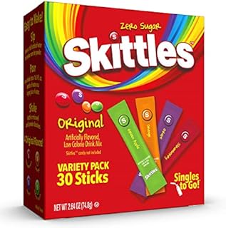 Skittles Singles To Go Variety Pack, Powdered Drink Mix, Zero Sugar, Low Calorie, Includes 4 Flavors: Green Apple, Strawberry, Grape, Orange, 1 Box (30 Single Servings)