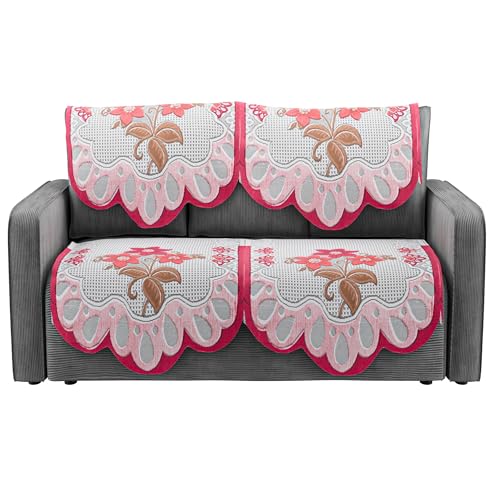 Image of Kuber Industries (Set of 4) Stylish & Durable Cotton Sofa Covers 2 Seater | Washable Sofa Protector /Mat & Slipcover for Hall, Living Room & Office | Painting Design-White & Pink