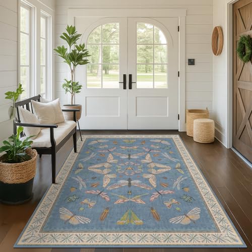 Image of Blue Washable Kids Playroom Rug - 5x7 Area Rugs for Nursery Baby Boy, Bedroom, Living Room, Toddler Boy Room Decor, Cute Animals Print Carpet, Super Soft Non Slip Stain Resistant
