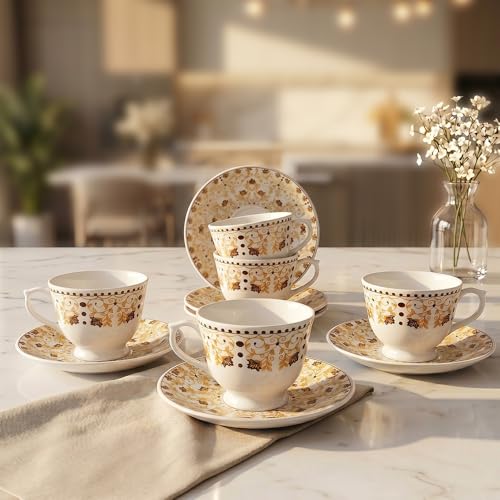 Image of U.P.C.Cup & Saucer Set of 12 Pcs | Golden Brown Floral Vine & Polka Dot Printed Bone China Tea Coffee Set | Gift for Home & Kitchen