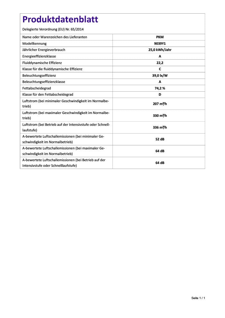 PKM Dunstabzugshaube Schräghaube 9039Y1 mit Randabsaugung | 60 cm Breite | Abluft- & Umluftbetrieb | Bis zu 330m³/h | Wandmontage | Energieeffizienzklasse A