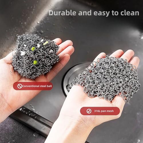 Image of 316L Stainless Steel Chain Mail Scrubber pan mesh Cloth for Casting Iron POTS, Frying Pans, pre-Flavor POTS, Cups and Bottles, cast Iron Cleaning, 2 Pieces (7inch)