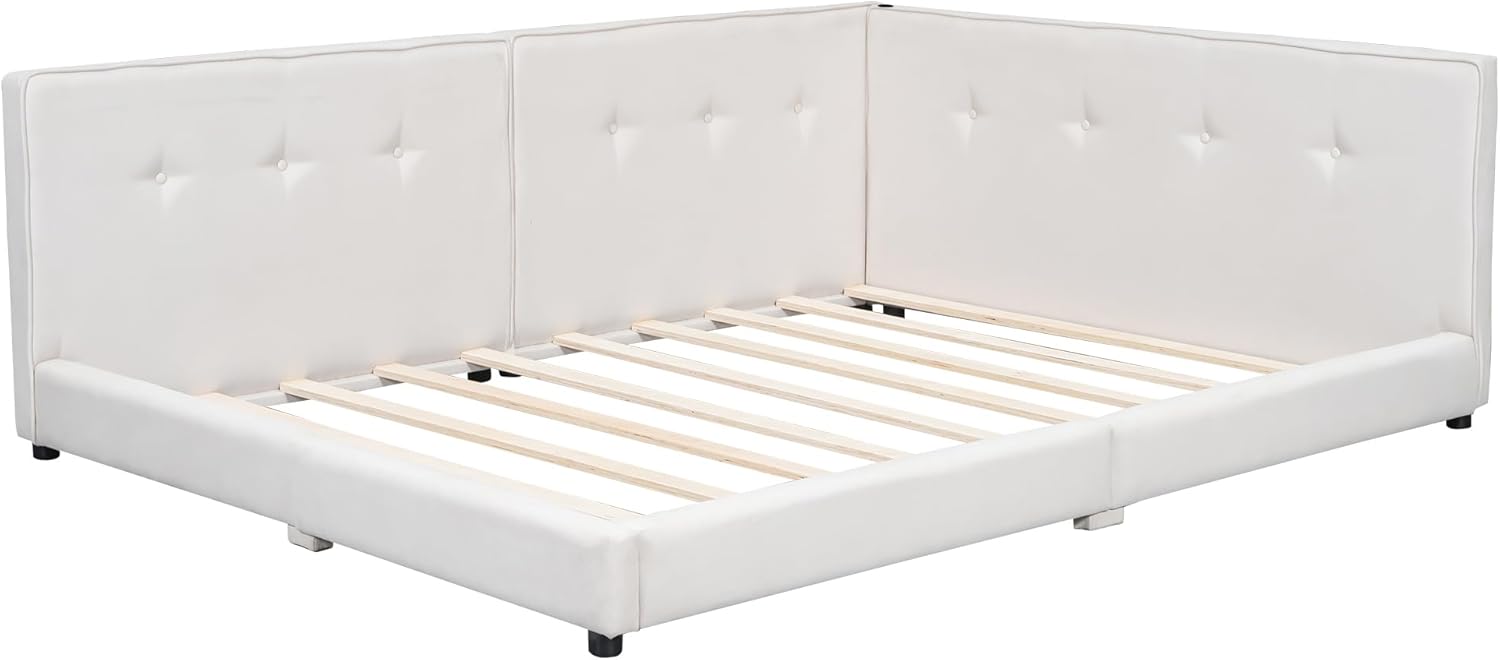 Queen Size Corner Daybed with USB Port for Kids Teens Adults Bedroom, L-Shaped Upholstered Grounded Bed Frame with Tufted Backrest, Linen Tufted Platform Sofa Bed, No Box Spring Needed, Beige