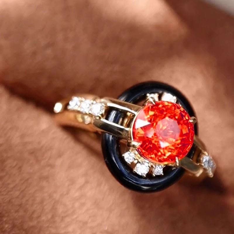 Image of 18k Gold Two Tone Vintage Shiny Ruby Crystal Vintage Heavy Industry Gold Plated Black Agate Antique Colorful Treasure Ring Size 8