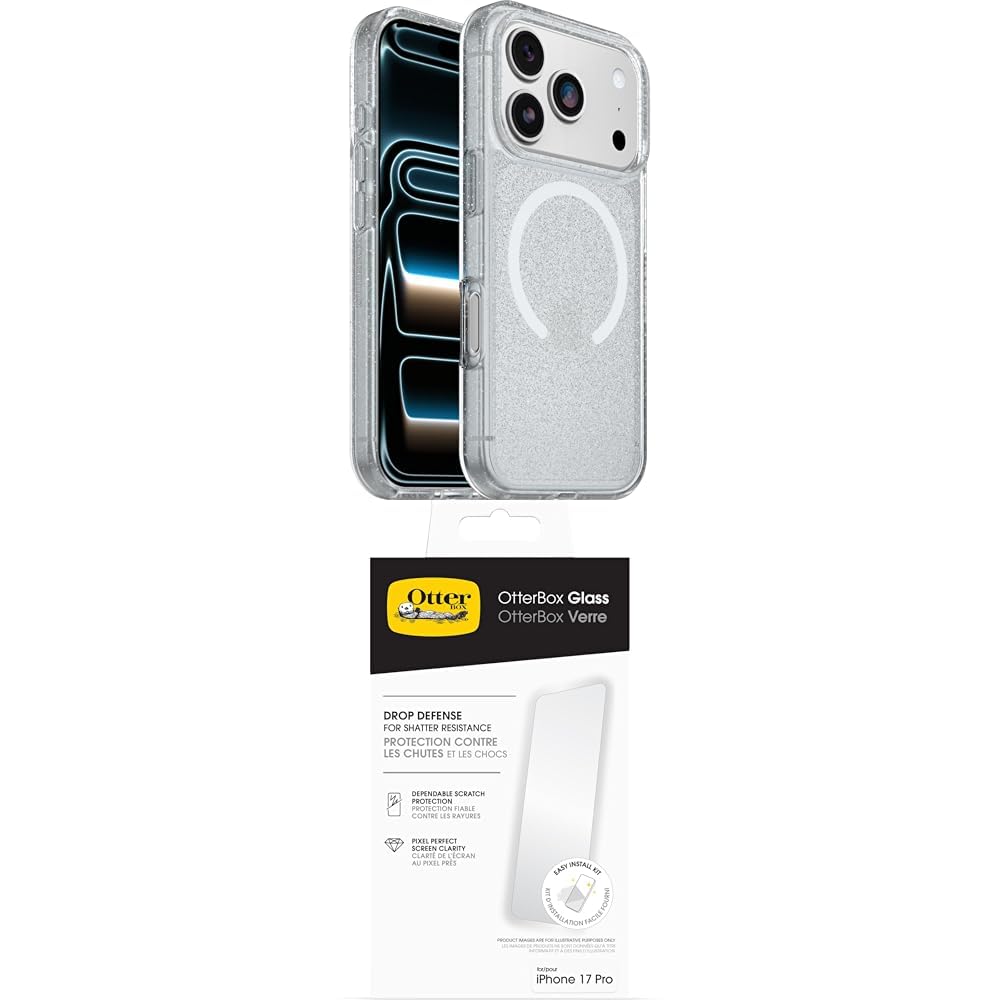 OtterBox React Series MagSafe funda para iPhone 17 Pro, Testada con los estándares Militares anticaídas, Stardust + OtterBox Glass Protector de Pantalla de Cristal Templado