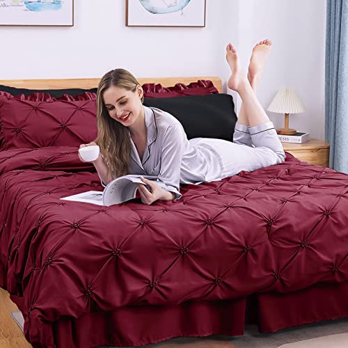 JOLLYVOGUE Burgundy Twin Size Comforter Sets 5 Pieces, Pintuck Bed in a Bag Comforter Set for Bedroom, Bedding Comforter Sets with Comforter, Sheets,Ruffled Shams & Pillowcases