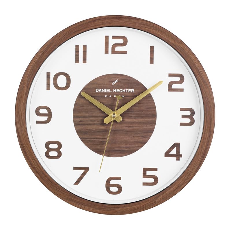 Image of Daniel Hechter Paris Loire Collection Wall Clock, Silent Sweep Non-Ticking, 12 inch(30.5cm) HD Glass White Dial, Brown Wood-Grain Plastic Frame, Modern Decorative Clock for Home & Office - DHCL1004