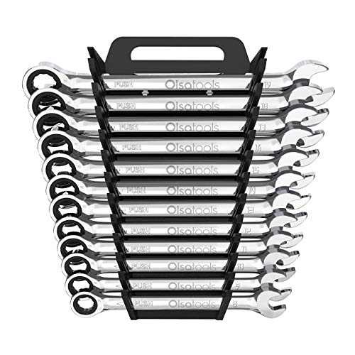 Olsa Tools Reversible Ratcheting Wrench Set (Switchless) | 12 Pcs Metric | 90 Tooth Chrome Vanadium Combination Ratchet Wrench Set with Wrench Organizer | Professional Grade