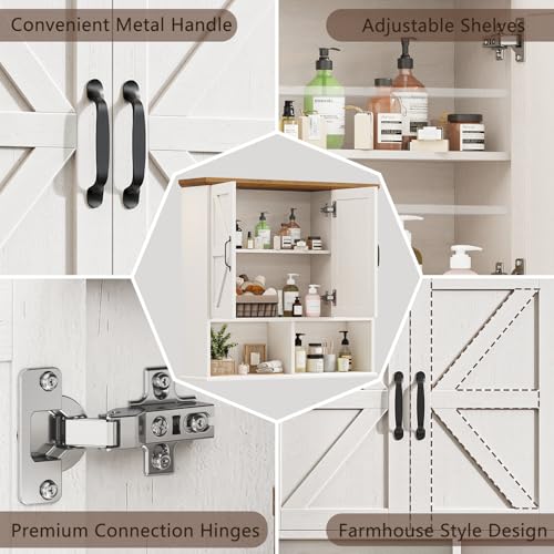 Image of Bathroom Wall Cabinet, Farmhouse Medicine Cabinet with Doors, White & Brown