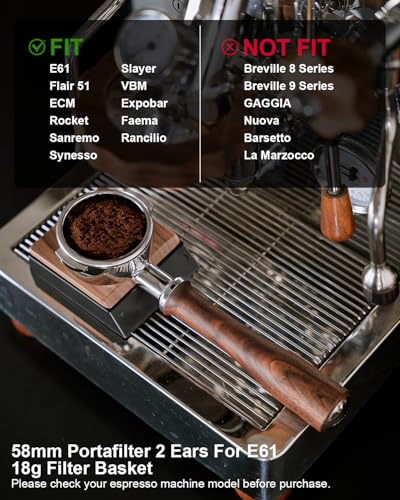 Image of KOFIKOFI 58mm Bottomless Portafilter For E61 Group Head - 2 Ears Walnut | Genuine American Walnut Handle fits E61, Flair 58, ECM, Rocket, Sanremo, Synesso, VBM. With 18g Filter Basket and Puck Screen