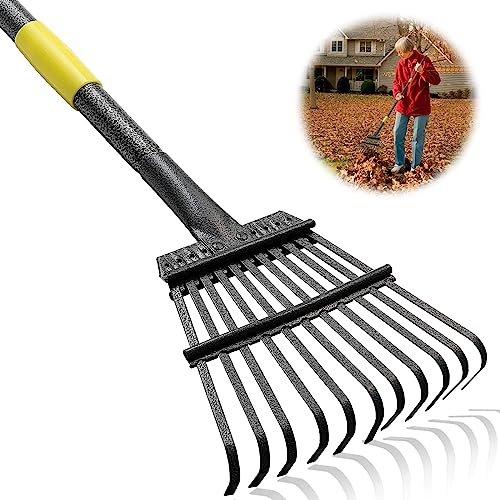 Garden Rake for Leaves, Heavy Duty Adjustable 79\" Long Metal Leaf Rake with 11 Tines Head, Stainless Clear Collect Yard Rake for Pines Needle, Shrub, Debris, Dead Grass, Camping, Lawns, Flower Beds