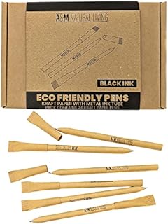 A&M Natural Living Eco Pens, Pack Of 24 Black Ink Ballpoint Eco Friendly Pens Made From Biodegradable Recycled Kraft Paper Pen With Metal Tube Eco Friendly Gifts Stationary Gift Set