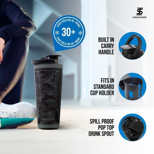 Ice Shaker Insulated Stainless Steel Shaker Bottle | 26oz, Black camo | Cold for 30+ Hours | Insulated Cup with Twist-on Agitator | Odor-Free Bottle for Protein Shakes, Water, Smoothies, Cocktails - Image 3