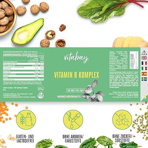 Vitabay Vitamin B Komplex hochdosiert - 180 Tabletten für 6 Monate - enthält alle 8 B-Vitamine (B1, B2, B3, B5, B6, B7, B9, B12) - Vit B Komplex ohne Zusätze - vegan und laborgeprüft in Deutschland