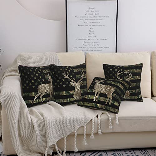 Gianlaima Camo Camouflage Hunting Deer American Flag Painting Set Of 4 Decorative Throw Pillow Cases Sofa Cushion Covers For Couch Bedroom Living Room Car Home Decor #TOP16