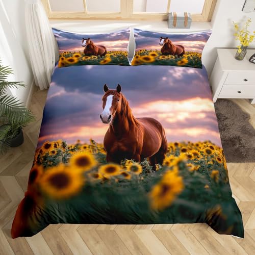 Feelyou Brown Horse Duvet Cover Set Twin Size for Kids Boys Girls Sunflower Bedding Set...