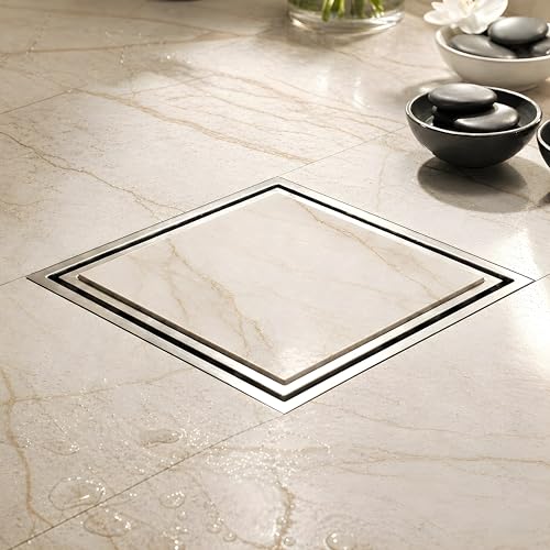 Image of KRYSSTAL 5x5 Inches Square Tile Drainer | Bathroom Drain Cover with Advanced Cockroach Trap | 1mm 304 Grade Stainless Steel Tile Insert Floor Drain Jali with Anti-Odour Floor Trap for 13mm Tiles