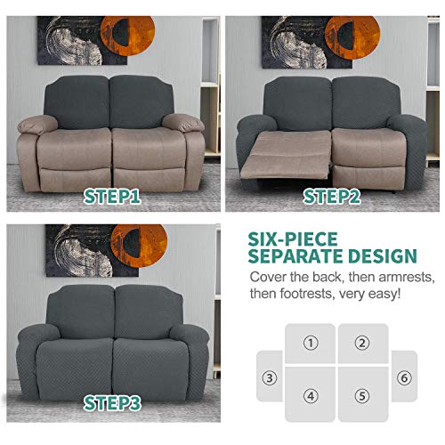 Image of YEMYHOM 6 Pieces Stretch Loveseat Recliner Slipcover Jacquard Recliner Sofa Cover with Side Pocket Fitted Recliner Cover Couch Furniture Protector with Elastic Bottom (Loveseat Recliner, Dark Gray)