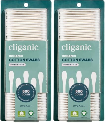 Image of Cliganic Organic Cotton Swabs, 500 Count - 100% Pure Natural Cotton, Chlorine-Free Hypoallergenic, Soft, Gentle & Absorbent Buds (Pack of 2)