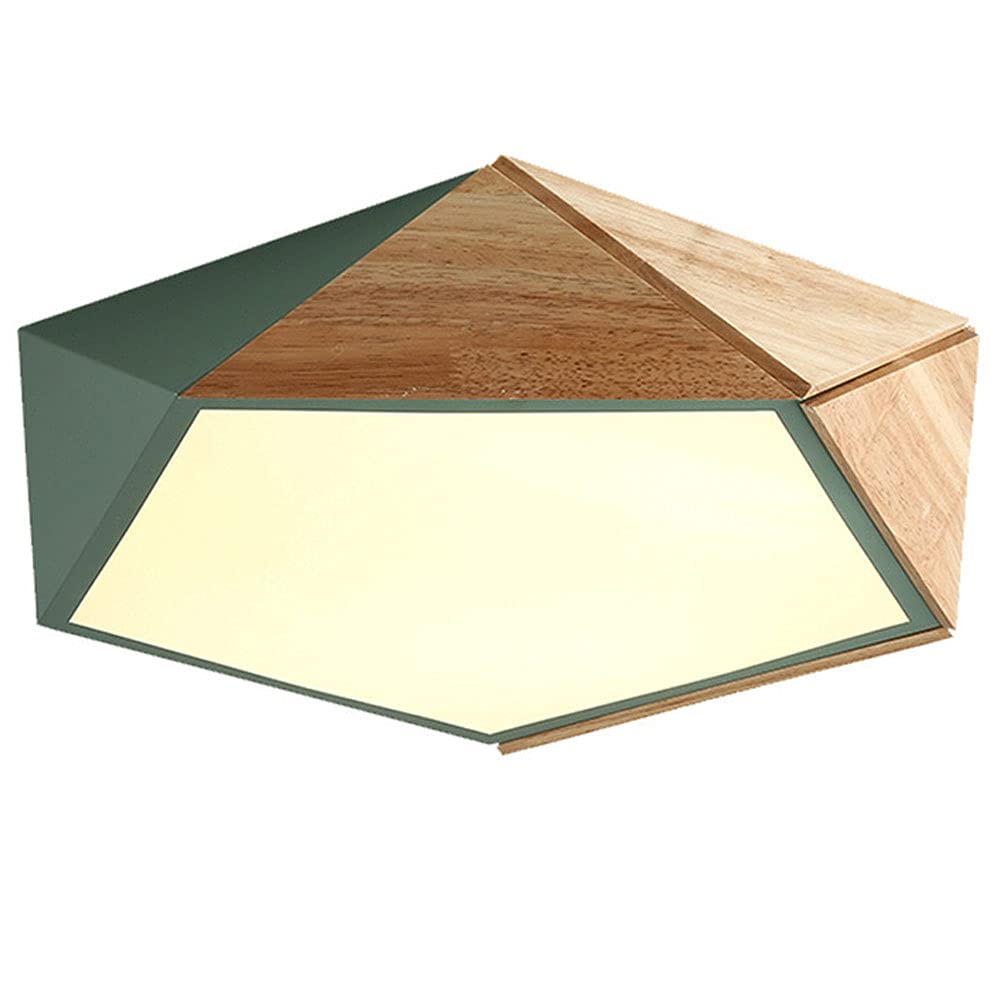 The Nordic Acrylic Geometric LED Ceiling Lamp installed on a white ceiling, showcasing its green and wood-toned geometric design.