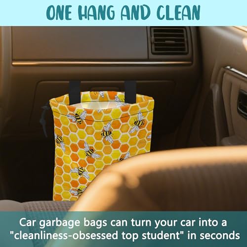 Image of Car Trash Bag Watercolor Honeycomb and Bees Leak-Proof Waterproof Car Garbage Bag with Drawstring Foldable Canvas Trash Bin with Adjustable Buckle for Car Accessories, Travelling, Camping