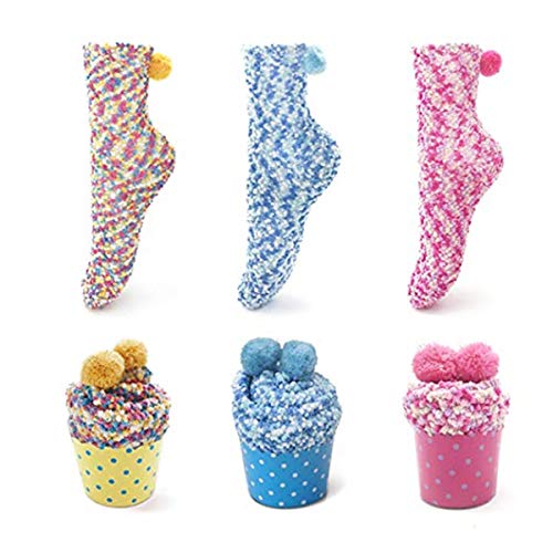 Yaogroo Calcetines de Microfibra para Mujer Fuzzy Warm Thick | Calcetines de la Torta y Colorido | Regalo y Navidad (3pcs(Amarillo+Azul+Rosado))