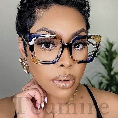 Image of Oversized Square Blue Light Blocking Glasses for Women Thick Fashion Pearl Inlay Arm Eyewear Computer Eyeglasses