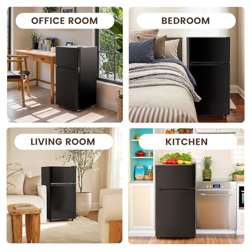 3.55 Cu.Ft Mini Fridge with Freezer, Small Refrigerator with 2 Doors for Kitchen, Dorm, Office and Bedroom, Mini Refrigerator with Adjustable Shelves (Black)