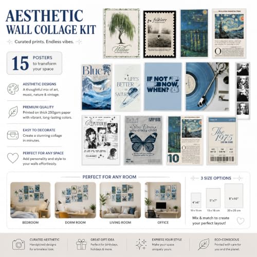 Image of 13 Piece Blue Aesthetic Poster Set | 300 GSM Multi-Sized Wall Posters with Adhesive Tape | Retro Music, Ocean & Vintage Art Prints for Bedroom, Room Decor, Home Decor, Living Room & Wall Art