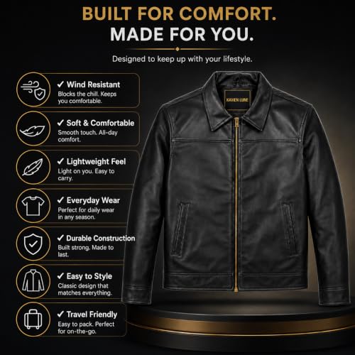 Image of Men's Faux Leather Jacket for Men | Classic Zip-Up | Casual Jacket with Shirt Collar | Full Sleeves & Side Pockets | Black