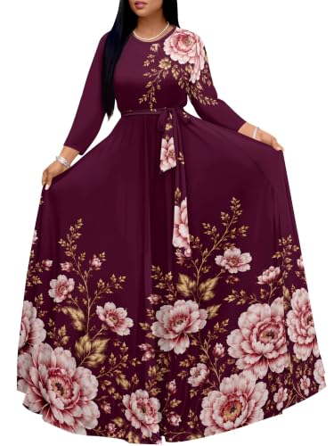 Image of Women Plus Size Long Sleeve V Neck Maxi Dress with Belt | Soft fabric relaxed fit three quarter sleeve v neck with pockets for party and daily wear