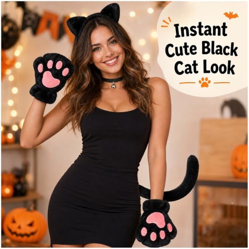 CaeyBrye Black Cat Costume Accessories Set, 5-Piece Cat Ears Headband Tail Paw Gloves and Bell Collar, Halloween Cosplay Costume Kit for Women Adults - image 5