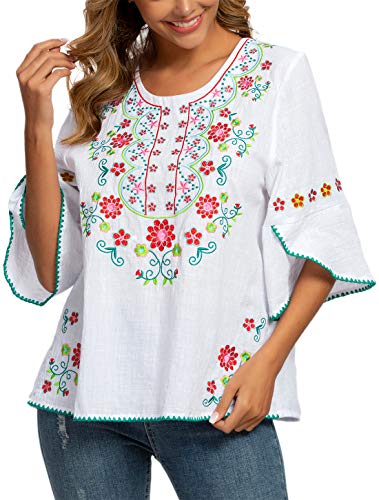 Image of Mexican Shirts Peasant Blouses for Women Cotton Embroidered Blouses Fiesta Summer Bohemian Shirts 3 /4 Sleeves