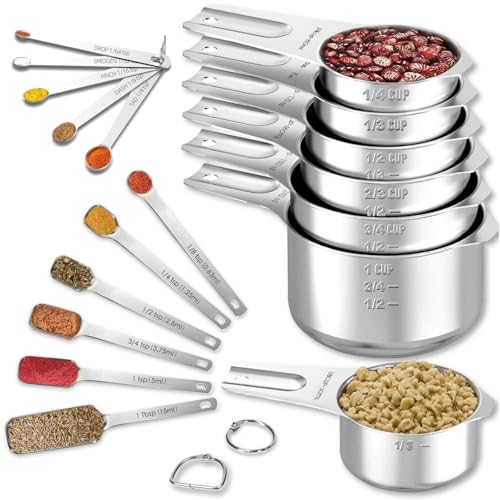Stainless Steel Measuring Cups & Spoons Set of 18, Includes 7 Nesting Cups, 6 Rectangular & 5 Tiny Measuring Spoons Fits Narrow Spice Jars, Kitchen Gadgets for Cooking & Baking
