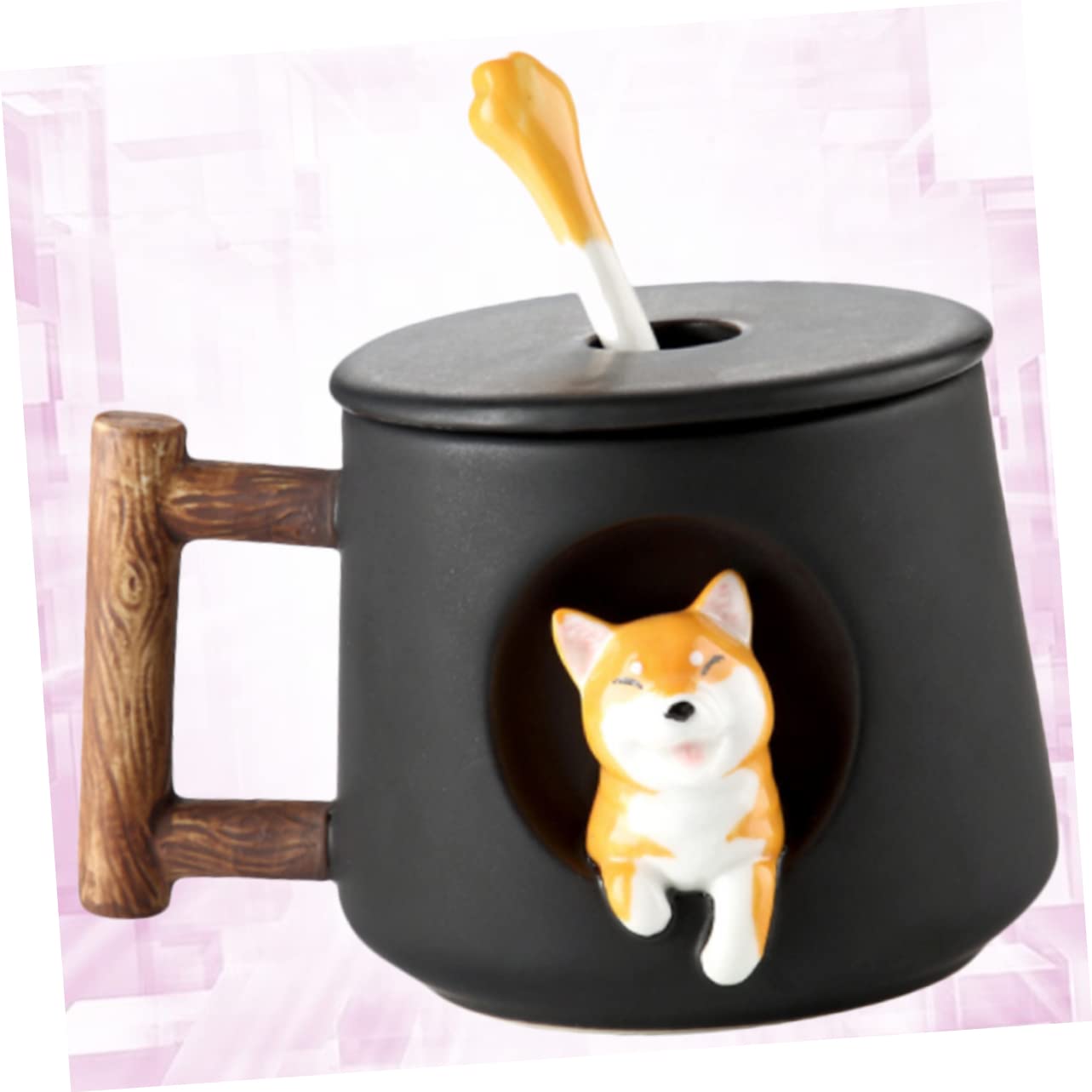 SOIMISS Keramiktasse mit Deckel und Löffel in Schwarz Tasse Kaffee und Tee für Zuhause und Büro Komfortabel zu Greifen und Leicht zu Reinigen