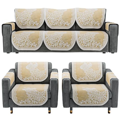 Image of Kuber Industries (Set of 16) Stylish & Durable Cotton Sofa Covers 5 Seater with Arms | Washable Sofa Protector & Slipcover for Living Room & Office | Peocock Design - Cream