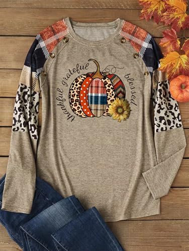 Thankful Blessed Thanksgiving Shirts Vintage Color Block T Shirt Blouse for Women Long Sleeve Splicing Tee Tops Tunic2