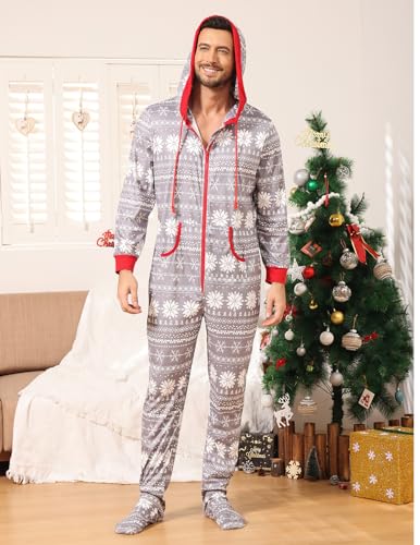 Image of Veseacky Family Christmas Pajamas Matching Sets Adult Onesie Zipper Hooded Footed One-Piece Pjs Jumpsuits