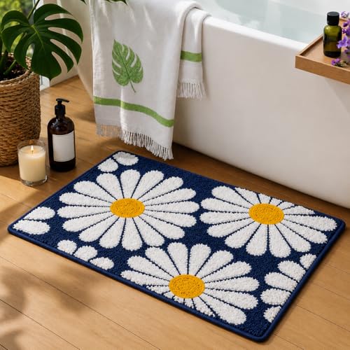Image of Roseate Flower Anti Skid (40x60 cm) Microfiber 2000 GSM Bath Mat for Bathroom /Bedroom /Door Mat /Floor Mat (Blue) Pack of 2