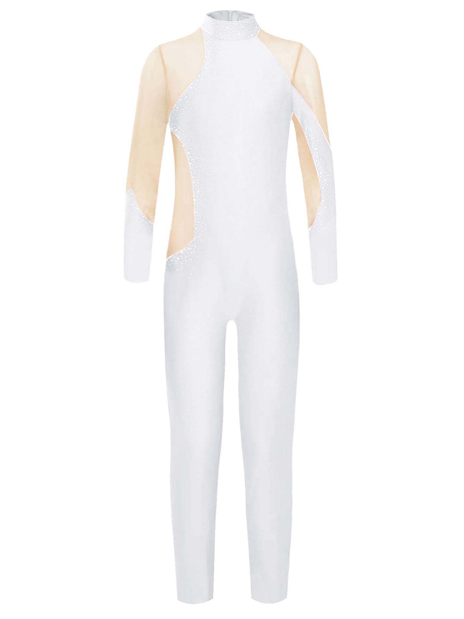 JEATHA Kids Girls Rhythmic Gymnastics Unitards Thumb Hole Long Sleeve Rhinestones Dance Bodysuit Figure Skating Costume