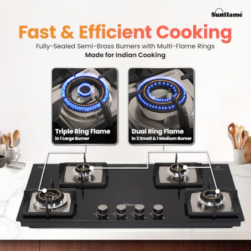 Image of Sunflame 4 Burner Built-In & Countertop Flexi Hob 86 cm Wide | 1 Large, 1 Medium, 2 Small Brass Burner | 5 Year Glasstop Warranty by Sunflame | Auto-Ignition | Ultra-Slim | Cast Iron Pan Support