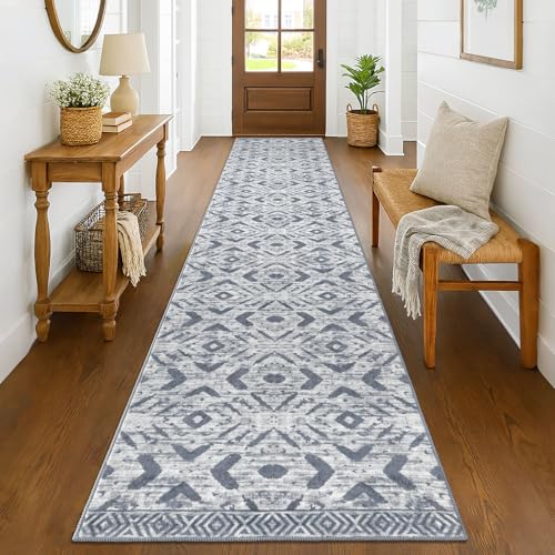 KILOCOCO Hallway Runner Rug 2.6'x14' Washable Printed Moroccan Runner Rugs Non Slip Entryway Rugs Soft Indoor Long Floor Rug for Bedroom Kitchen Living Room Geometric Boho Carpet Runners, Grey White