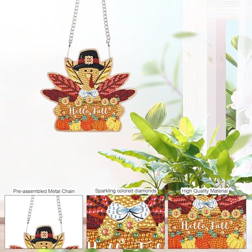 Image of DIY Diamond Painting Hello Fall Hanging Sign - Maple Leaf Door Hanger with Pumpkins, Fall Leaves, Autumn Thanksgiving Wall Window Decor Craft Kit for Porch Farmhouse