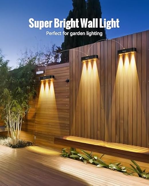Solar Fence Lights, 4 Pack Outdoor Fence Light Solar Powered with Sync Group Control & 10 Light Modes, Solar Wall Lights Outdoor Waterproof IP65 for Deck, Patio, Backyard, Wall, Pool, Step