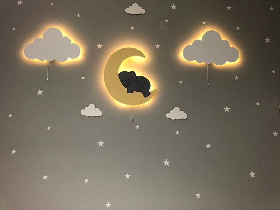 BugyBagy Sleeping Elephant Over Cloud Wall Light Nursery Room Decor, Create a Wonderful Nursery Wall Lights (Smiling Elephant Over Moon, Grey)